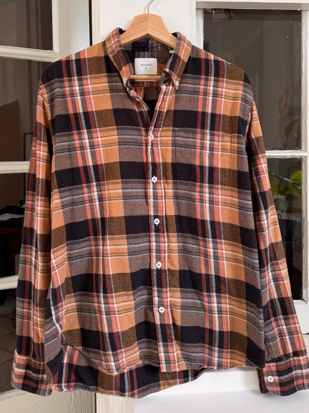Billy Reid Flannel Shirt M Standard Fit Brown Rust Black Plaid Button Down EUC